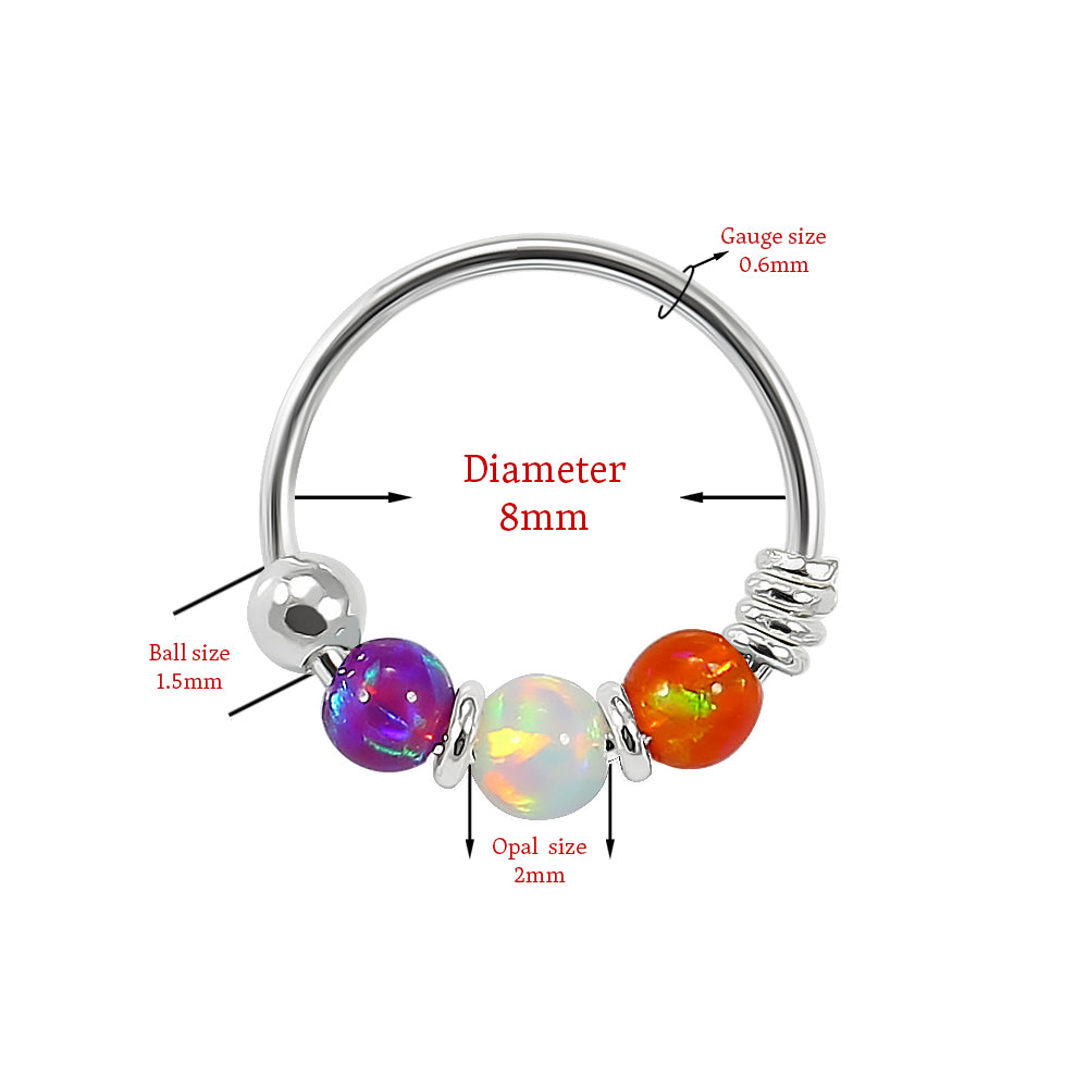 925 Sterling Silver Purple Orange with AB Opal Bead in Center Nose Hoop Ring