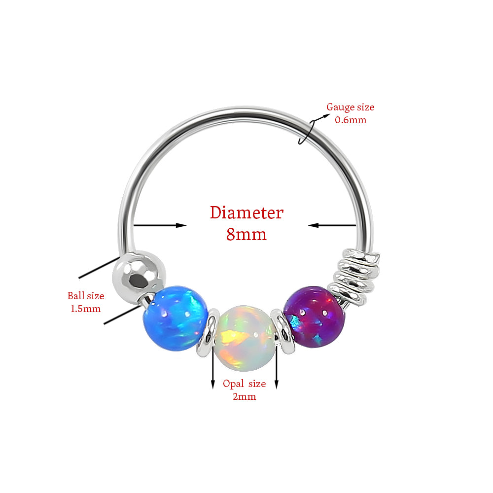 925 Sterling Silver Dark Blue Purple with AB Opal Bead in Center Nose Hoop Ring