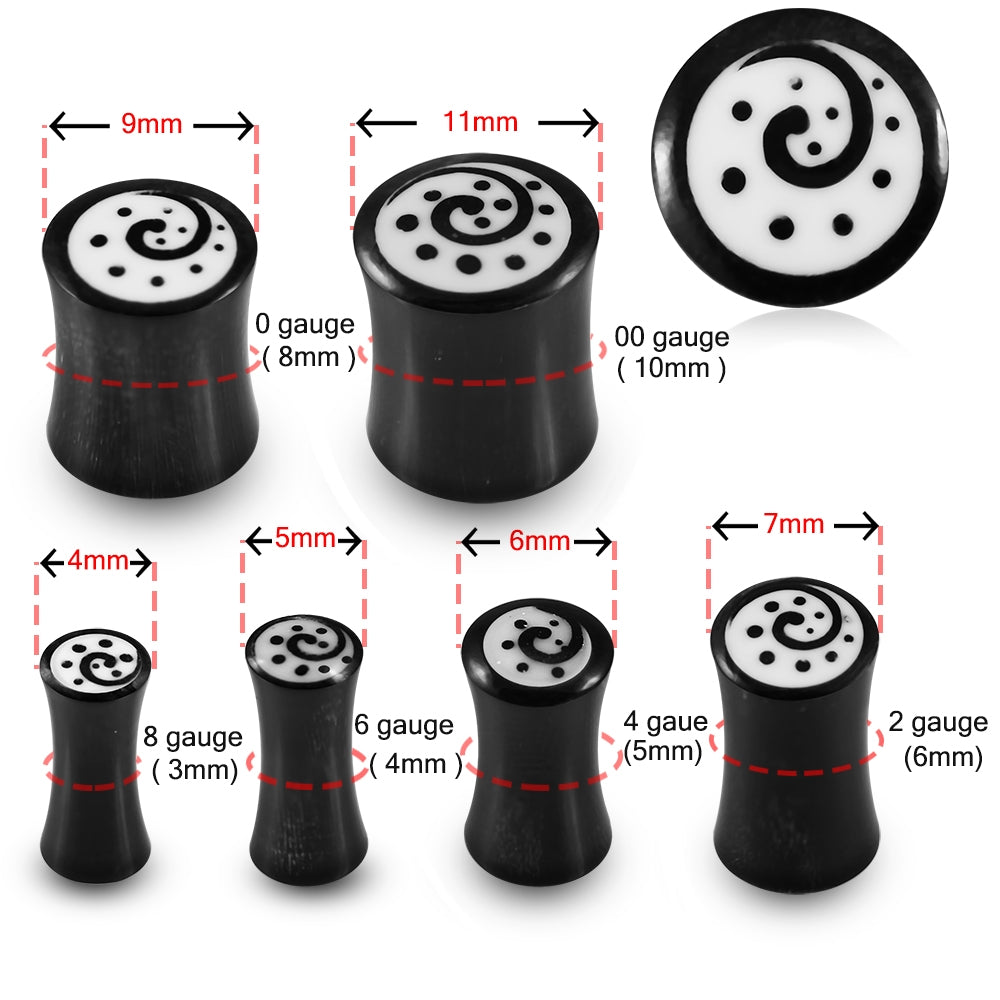 Double Flared Swirl Dotted Inlay Organic Horn Saddle Ear Plug