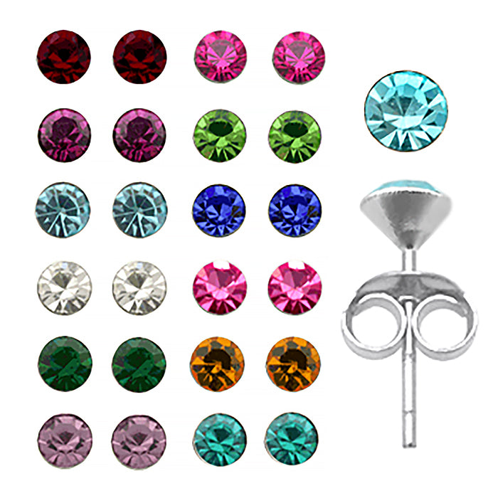 Top Quality Rhinestone 3mm Birth Stone Silver Ear Studs in a 12 pair Tray PAC12ES053