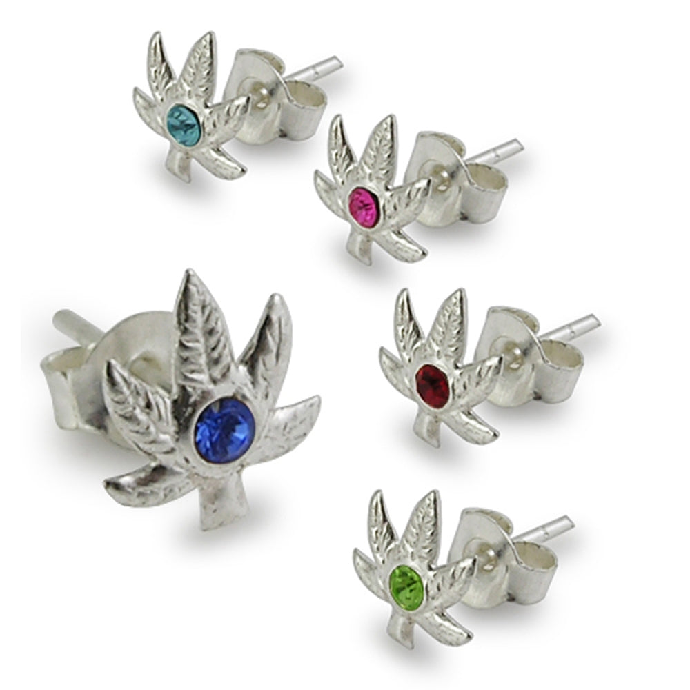 Jeweled Marijuana Leaf Silver Earring