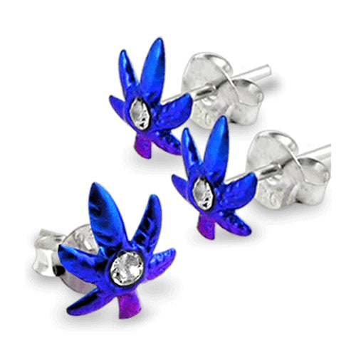 Blue Enamel Hand Painted Marijuana Ear Stud