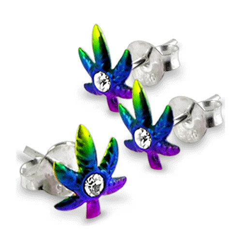 Multi Color Hand Painted Marijuana Ear Stud