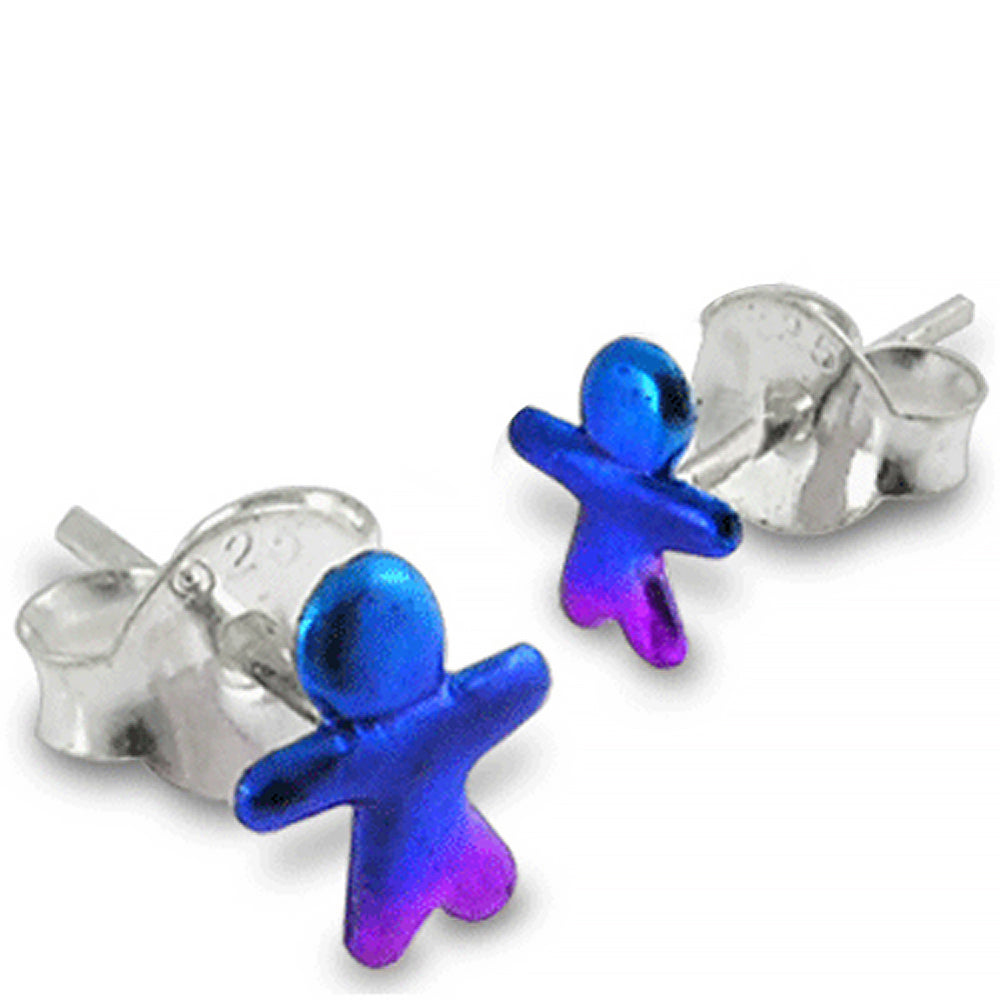 Hand Painted Blue Color Man Silver Ear Stud Earring