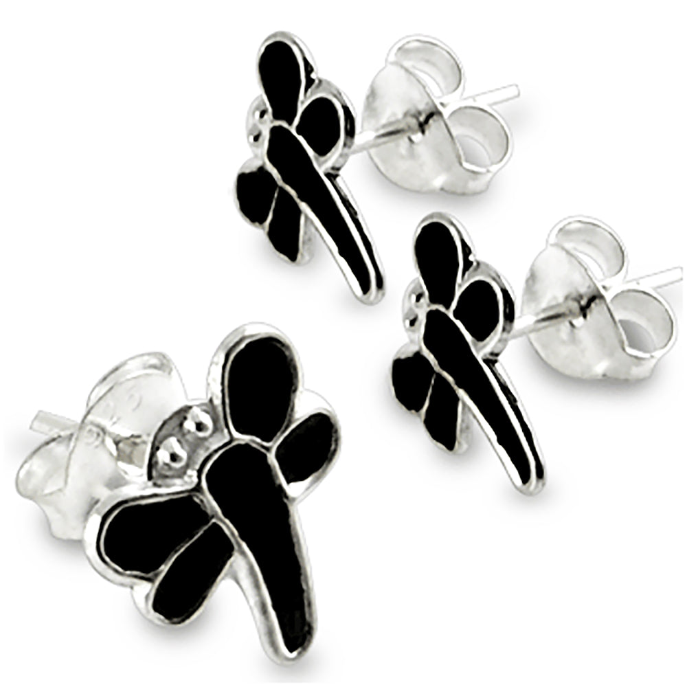 Black Enamel Hand Painted Dragon Fly Silver Ear Stud