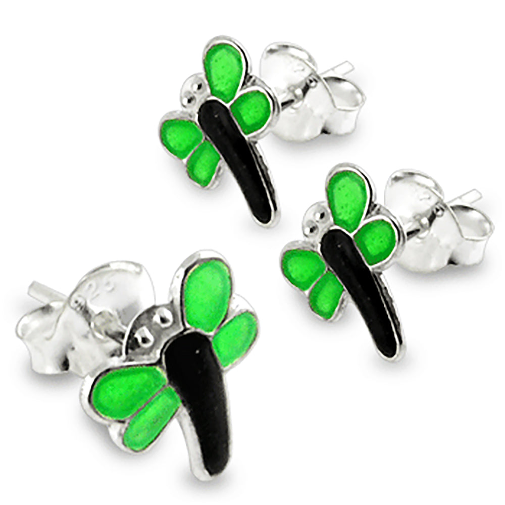 Green And Black Hand Painted Dragon Fly Ear Stud Body Jewelry