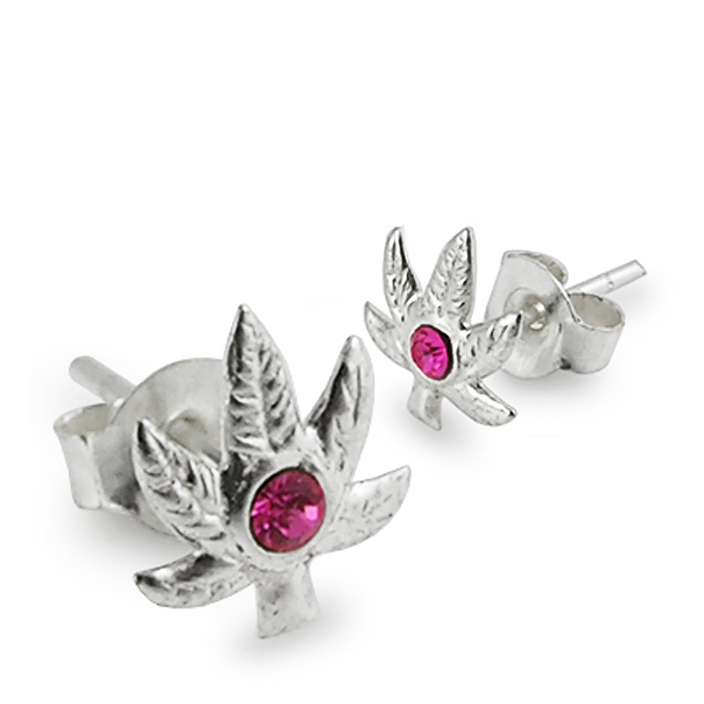 Rhinestone Pink Stone Marijuana Leaf Ear Stud