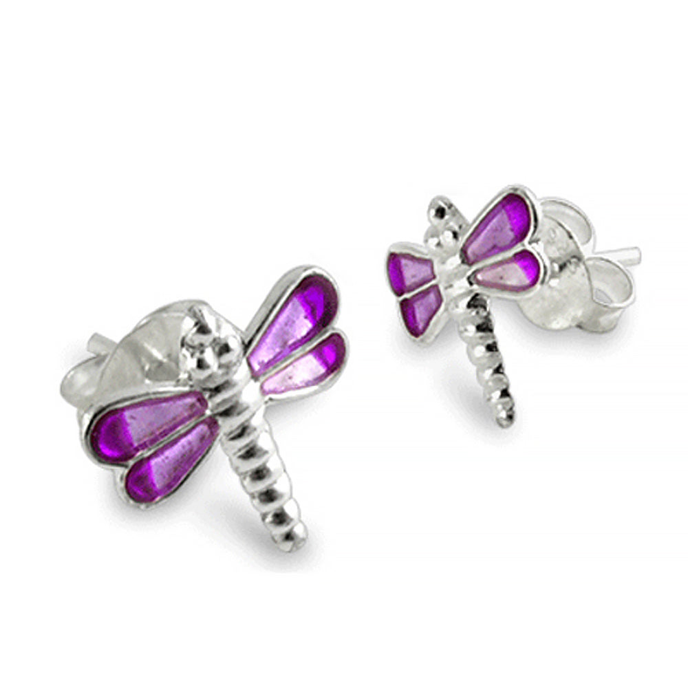Purple Color Hand Painted Dragon Fly Silver Ear Stud Body Jewelry