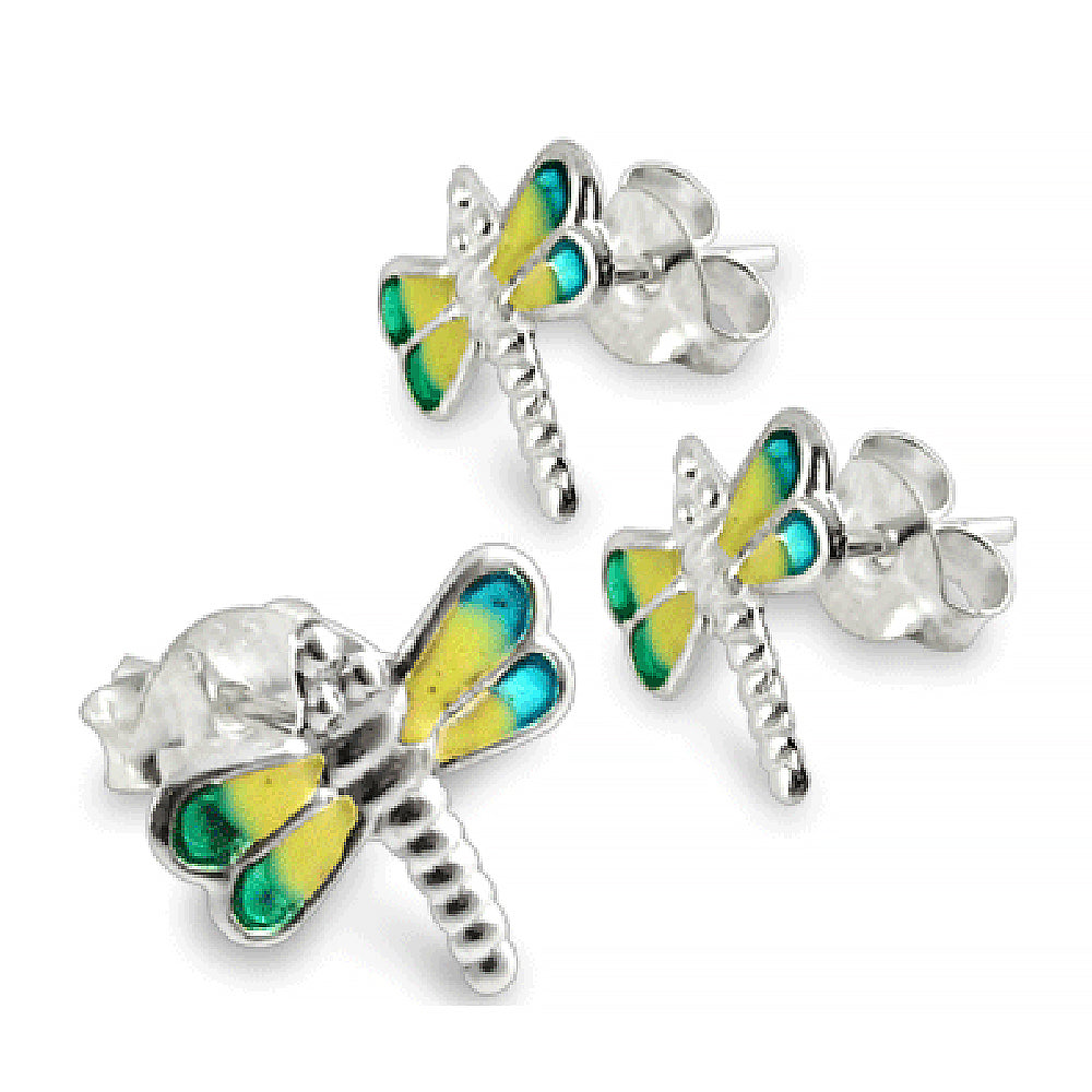 Green And Yellow Hand Painted Dragon Fly Silver Ear Stud