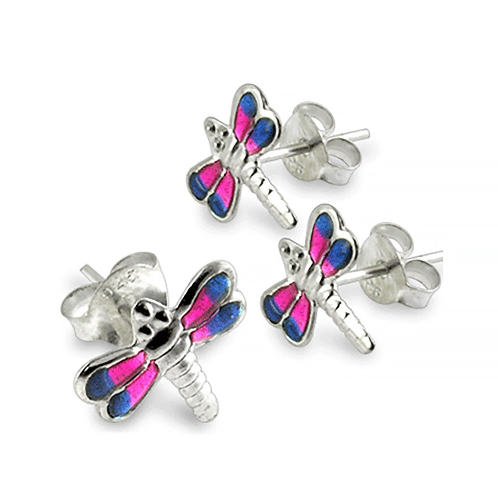 Pink And Blue Hand Painted Dragon Fly Ear Stud Earring
