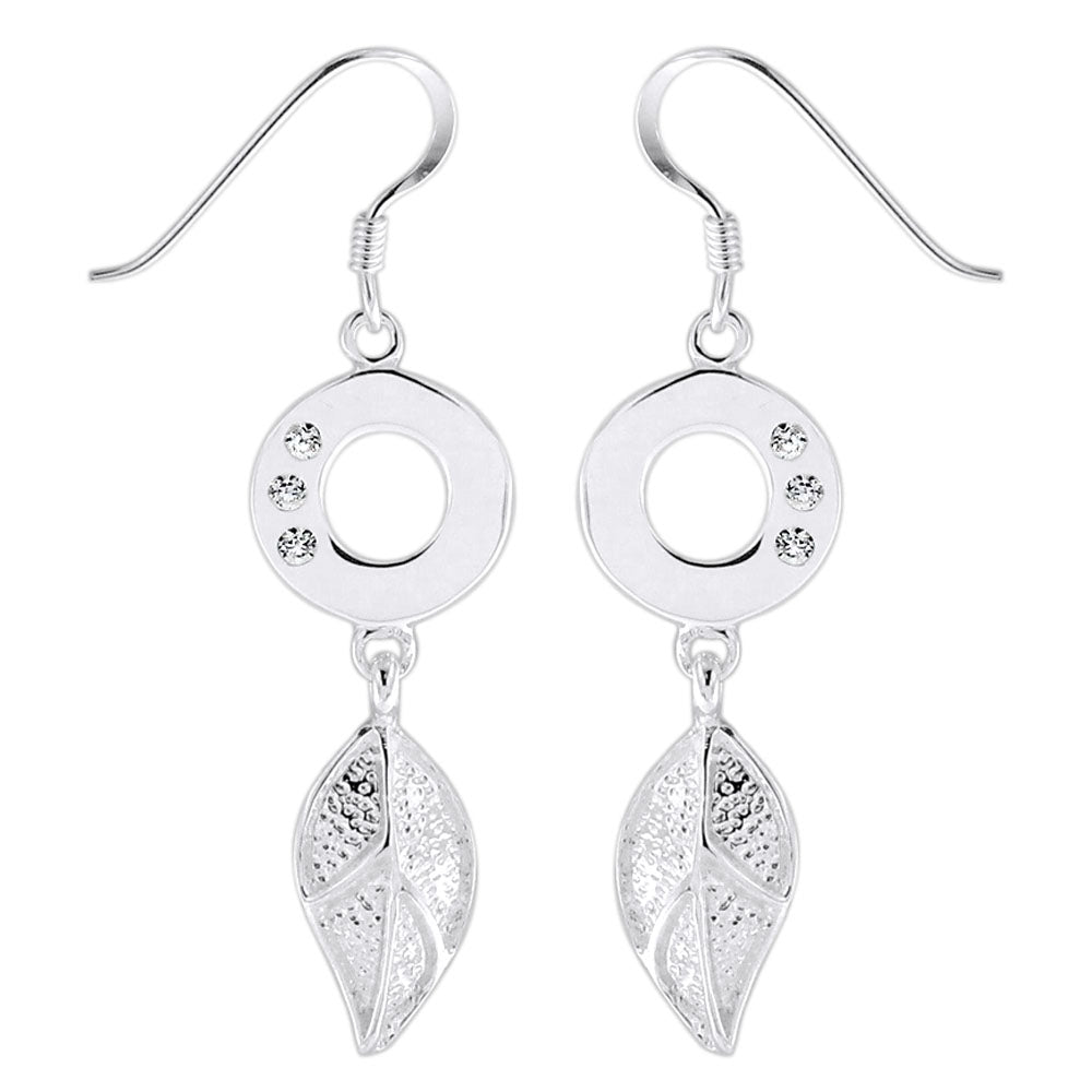 925 Sterling Silver Jeweled Round with Dangling Leaf Fish Hook Ear Ring