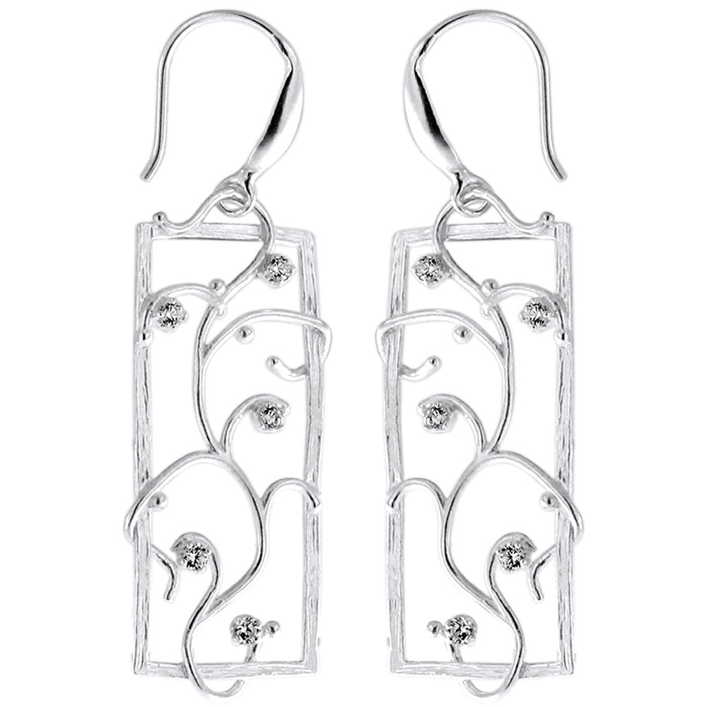 925 Sterling Silver Jeweled Floral French Hook Rectangle Matte Finish Ear Ring