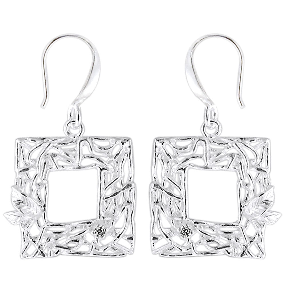925 Sterling Silver Square Floral leafs French Hook Ear Ring