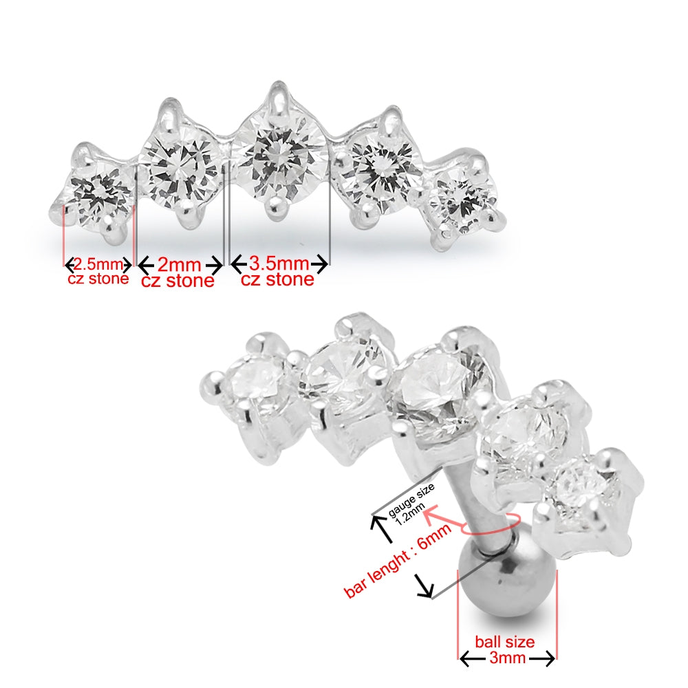 5 Cz's Curve in Claw Set 925 Sterling Silver Cartilage Tragus Piercing Lavender