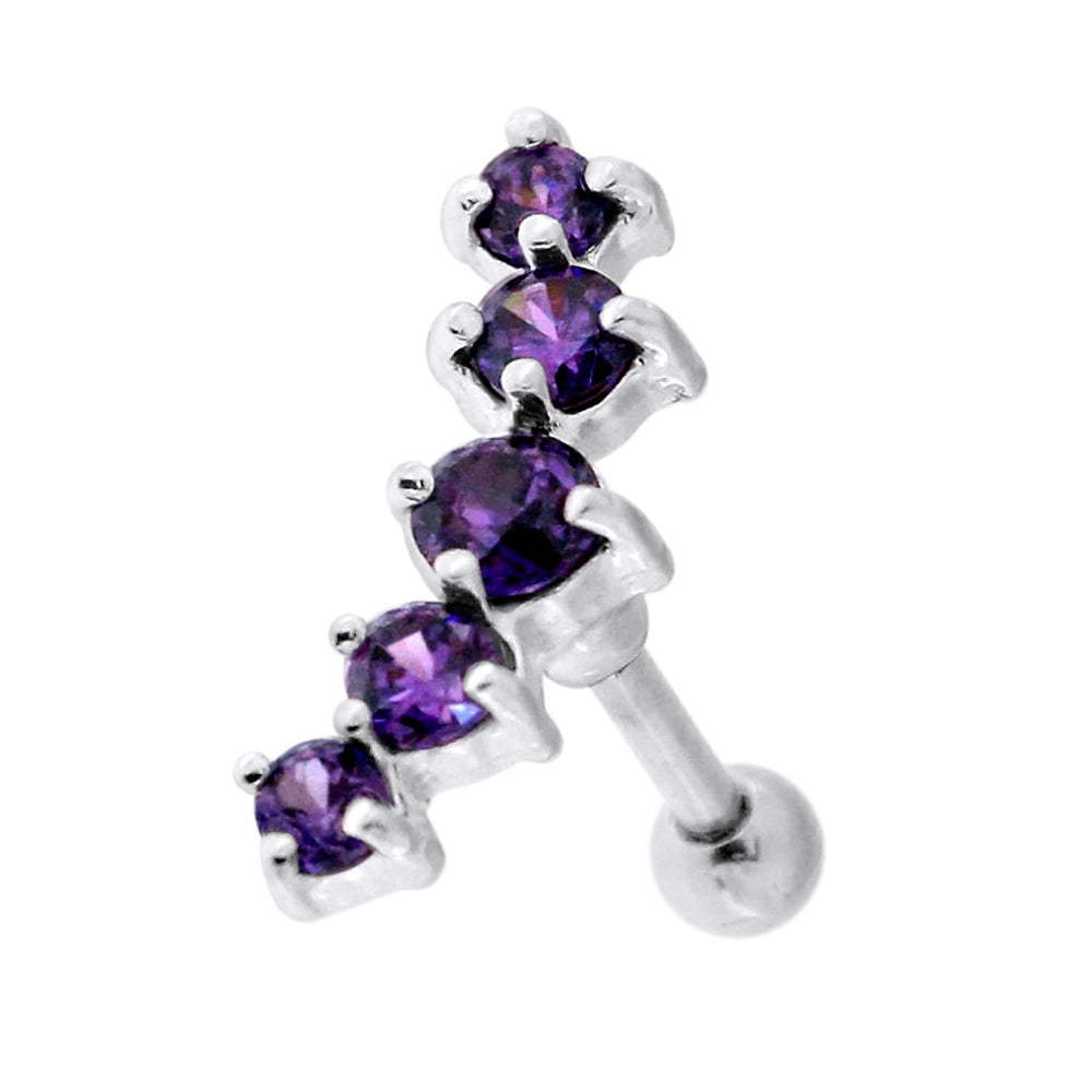 5 Cz's Curve in Claw Set 925 Sterling Silver Cartilage Tragus Piercing Lavender