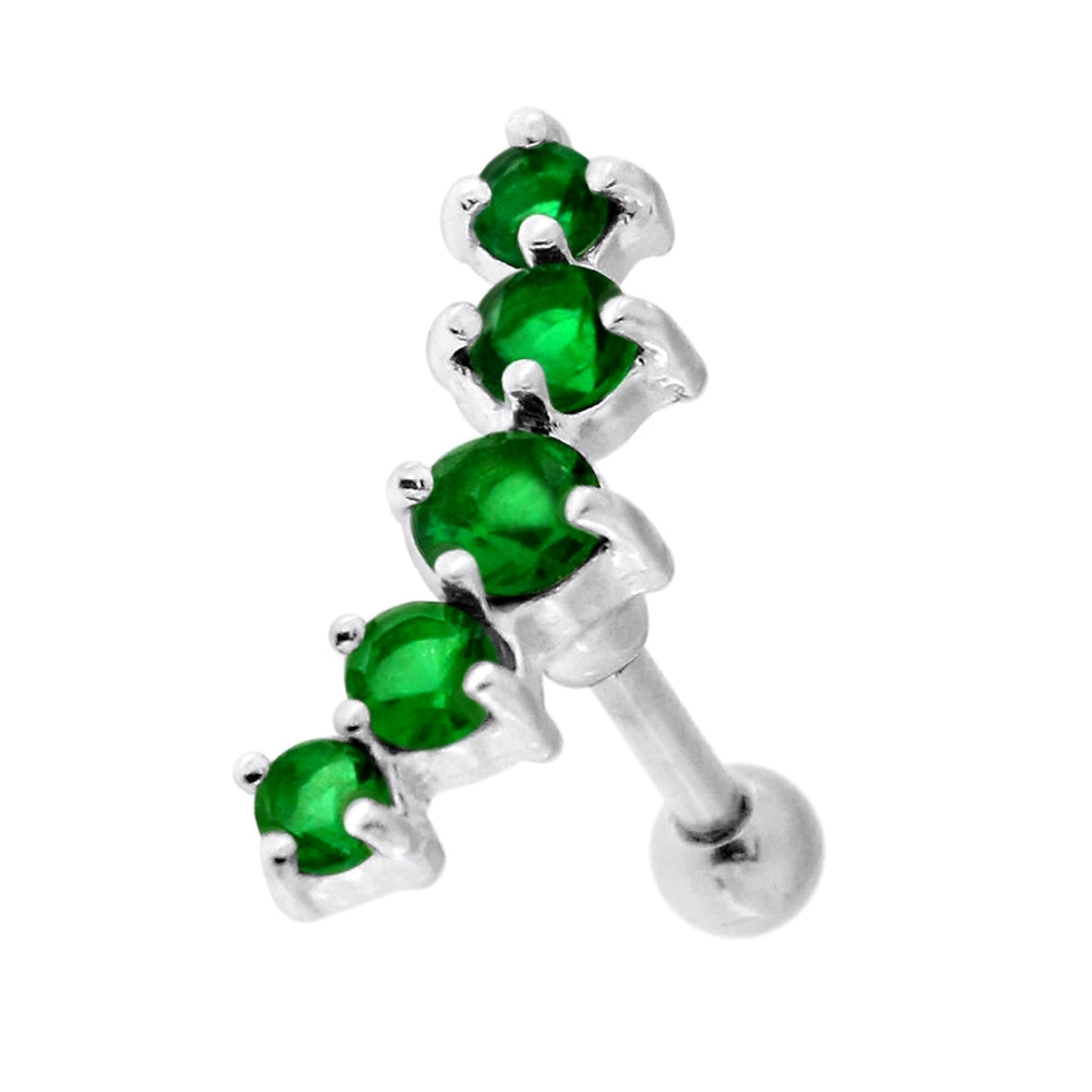 5 Cz's Curve in Claw Set 925 Sterling Silver Cartilage Tragus Piercing Light Green