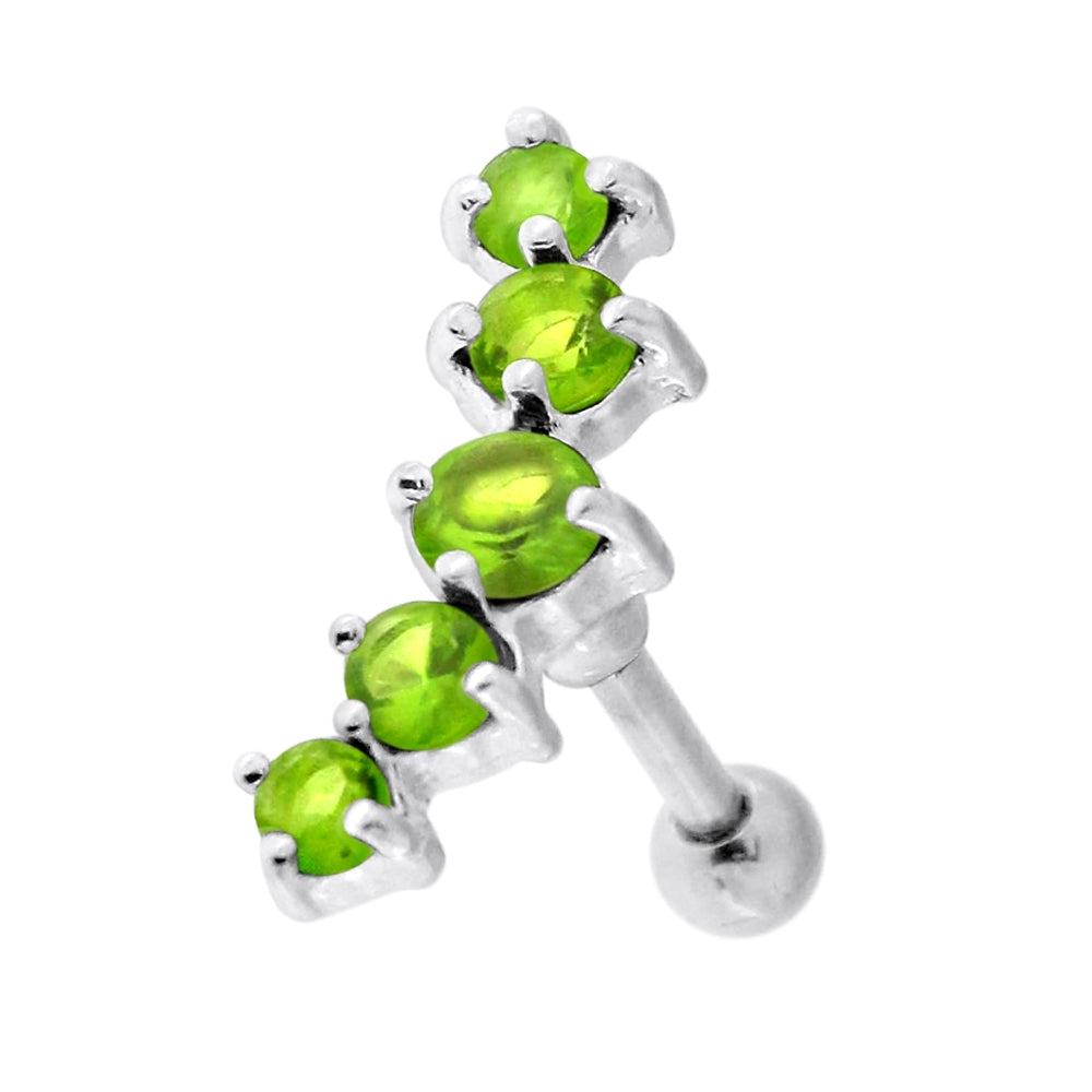 5 Cz's Curve in Claw Set 925 Sterling Silver Cartilage Tragus Piercing Dark Green