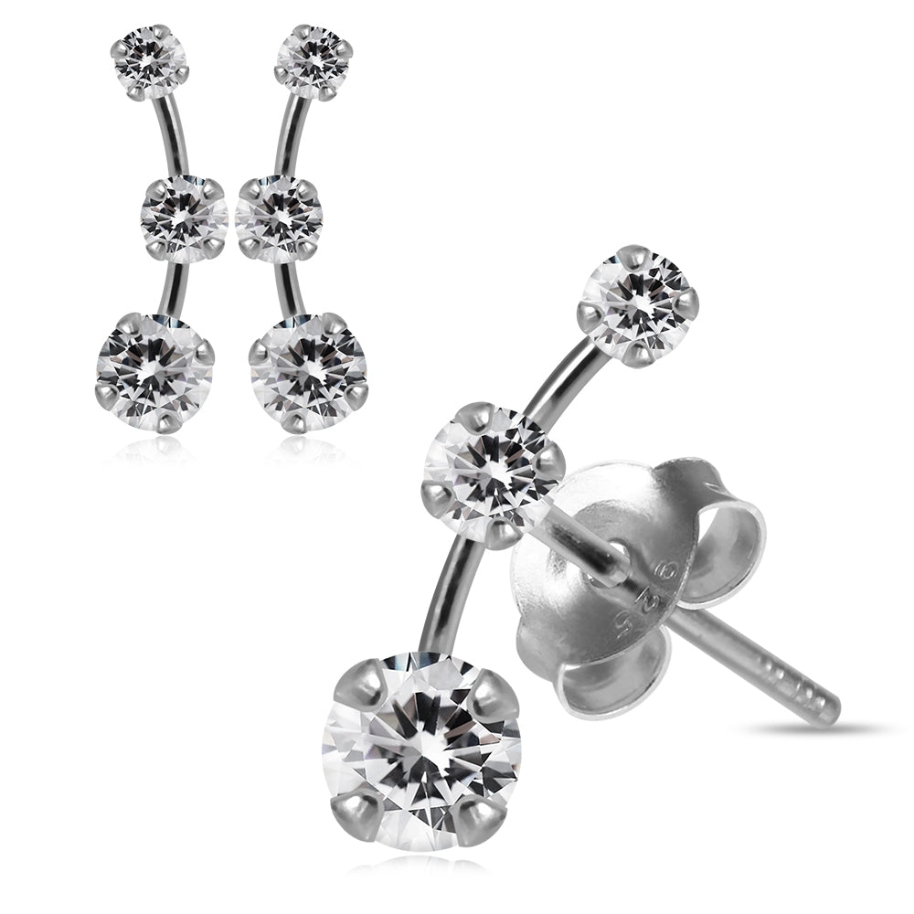 925 Sterling Silver Round Jeweled Claw Set Dipper Fashion Ear Stud