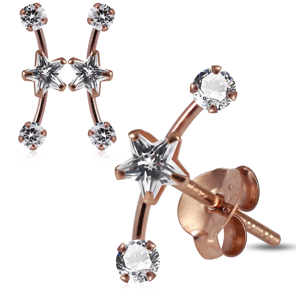 925 Sterling Silver Star and Round Jeweled Dipper Fashion Ear Stud