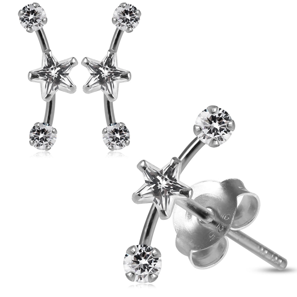 925 Sterling Silver Star and Round Jeweled Dipper Fashion Ear Stud