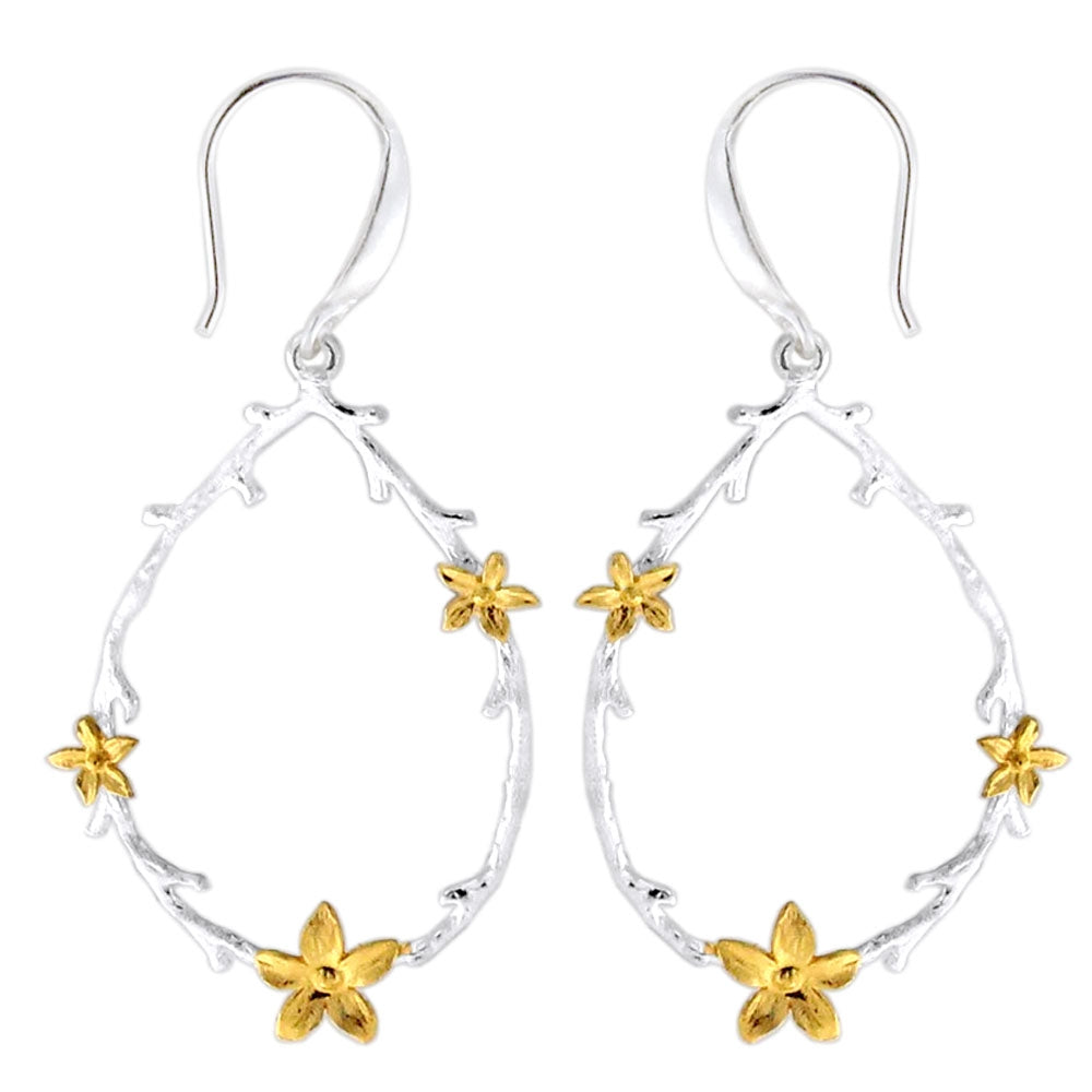 Gold Platted Flowers 925 Sterling Silver Oval Fish Hook Matte Finish Ear Ring