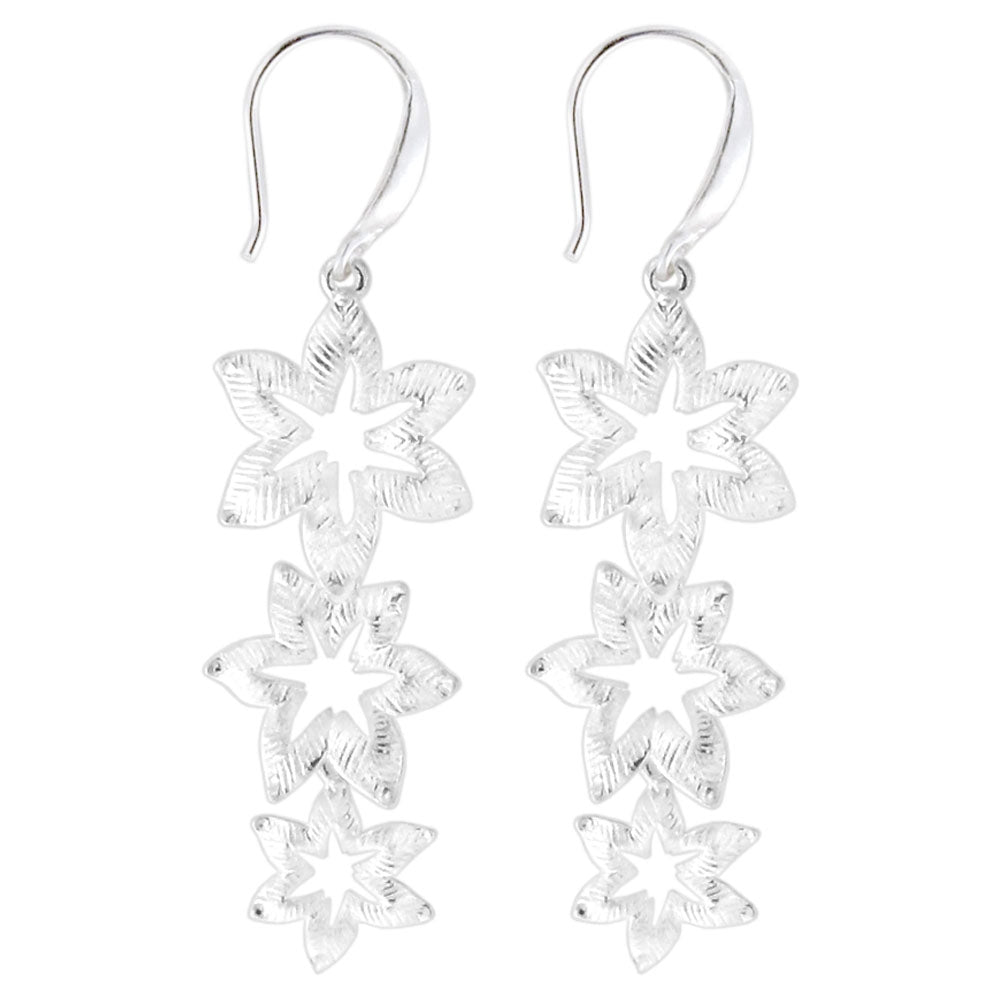 925 Sterling Silver Tri Flowers French Hook Matte Finish Ear Ring