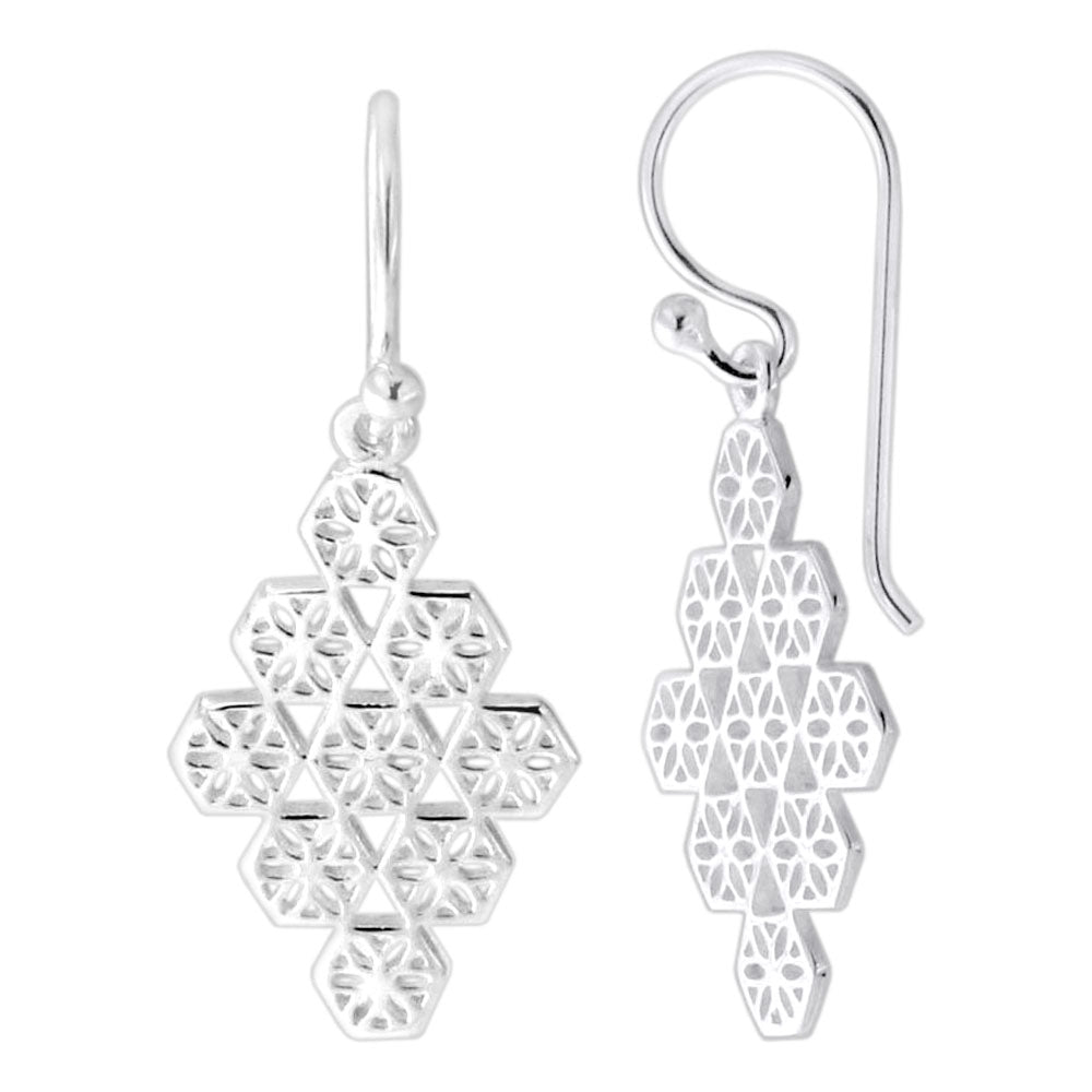 925 Sterling Silver Hexagon Flower Fish Hook Ear Ring
