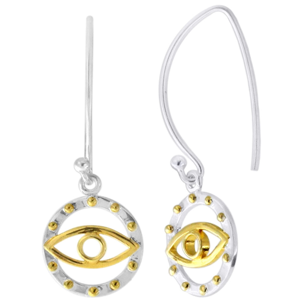 Gold Platted Eye in Circle 925 Sterling Silver Fancy Fish Hook Ear Ring
