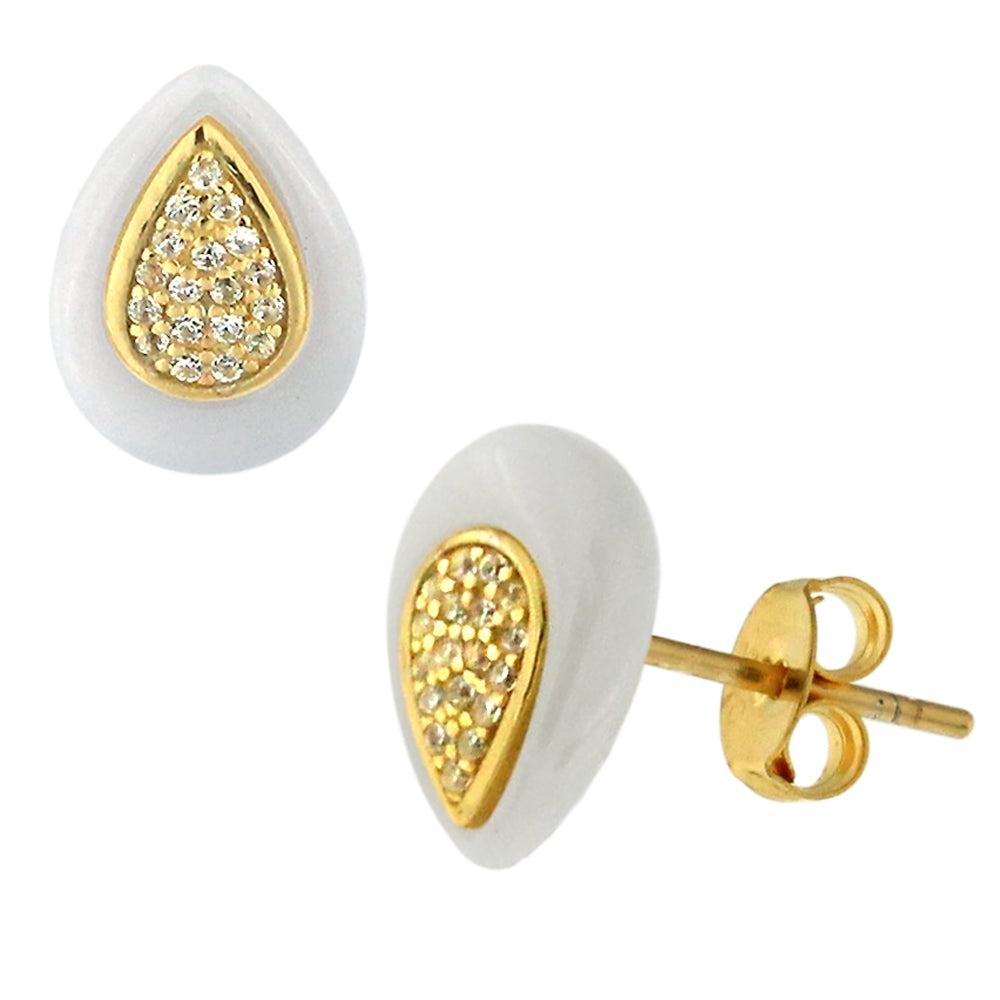 Micro Jeweled CZ Tear Drop CERAMIC Gold Platted Sterling Silver Ear Stud