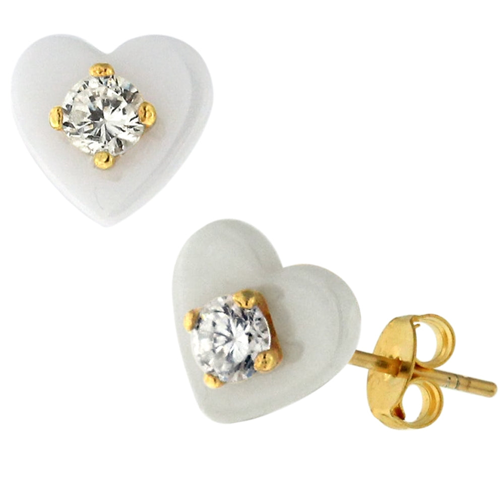 Pure White CERAMIC Heart with CZ Gold Platted Sterling Silver Ear Stud