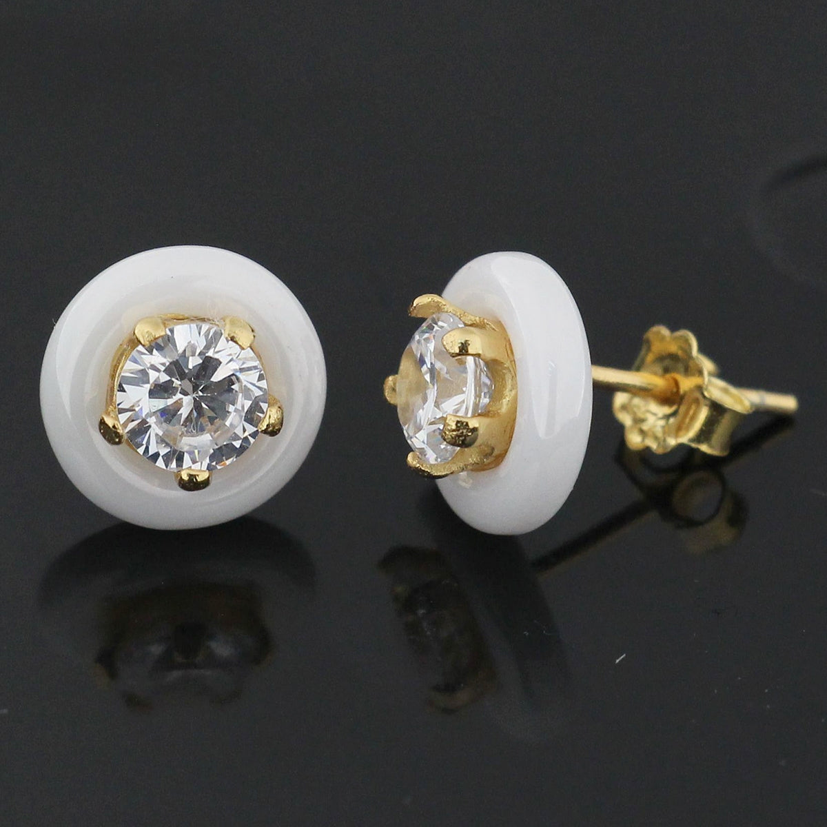Pure White CERAMIC Round with CZ Gold Platted Sterling Silver Ear Stud