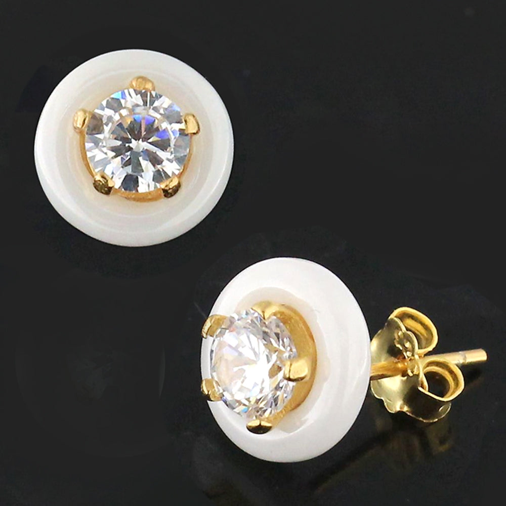 Pure White CERAMIC Round with CZ Gold Platted Sterling Silver Ear Stud