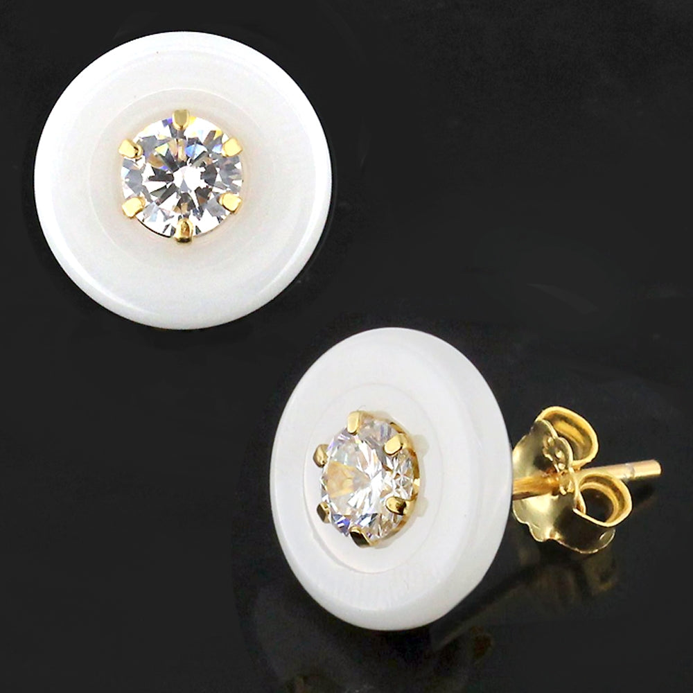 Pure White Round CERAMIC with CZ Gold Platted Sterling Silver Ear Stud