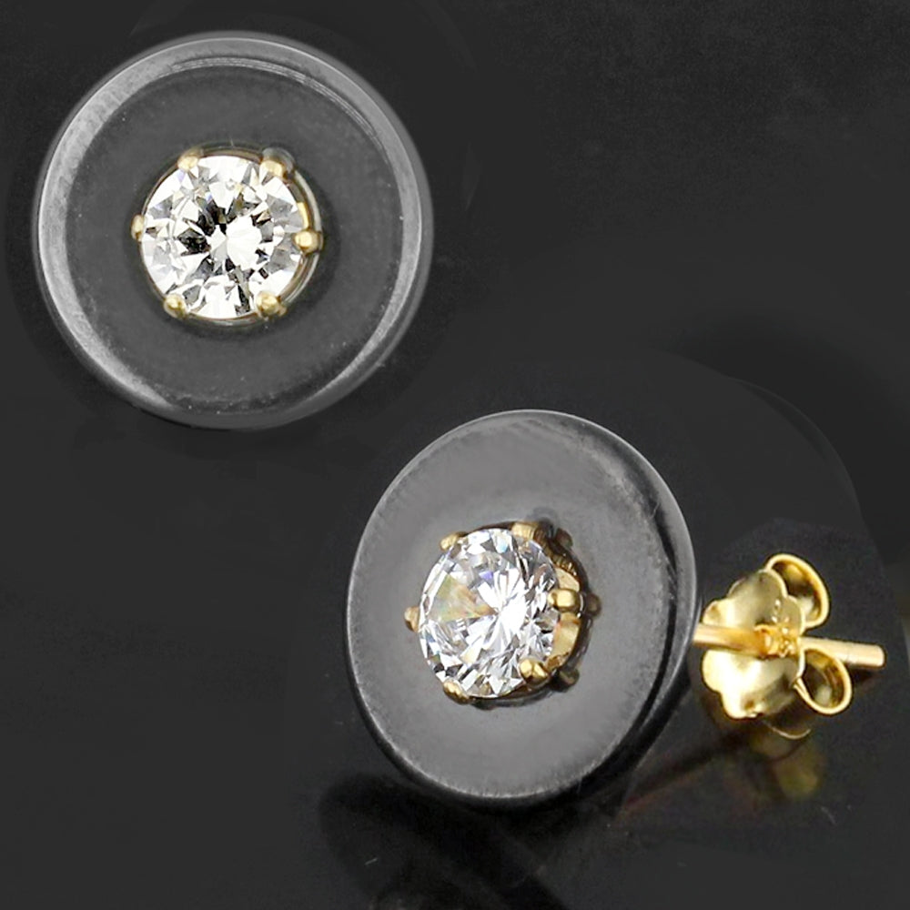 Black Round CERAMIC with CZ Gold Platted Sterling Silver Ear Stud