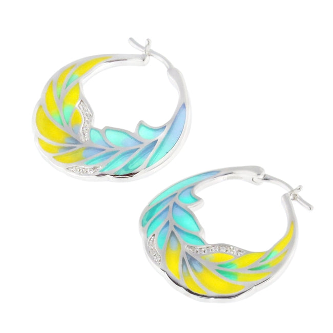 Micro jeweled CZ Colorful Enamal Leaf Sterling Silver Ear Hoop Ring