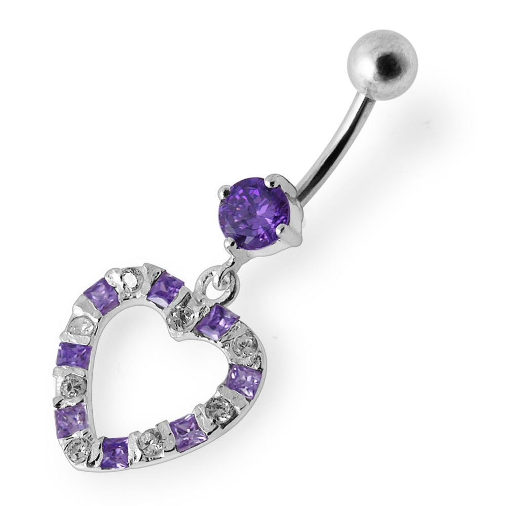 Jeweled Heart Silver Dangling SS Curved Banana Navel Ring