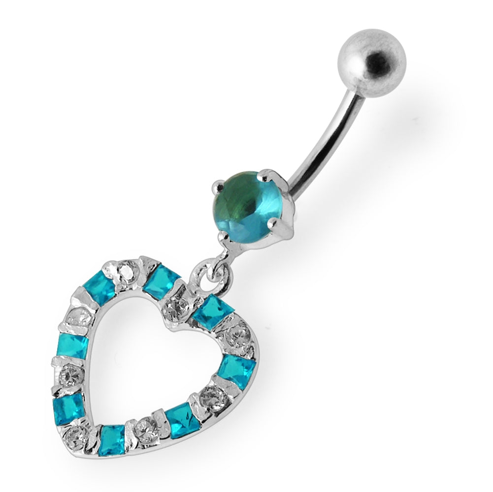 Jeweled Heart Silver Dangling SS Curved Banana Navel Ring