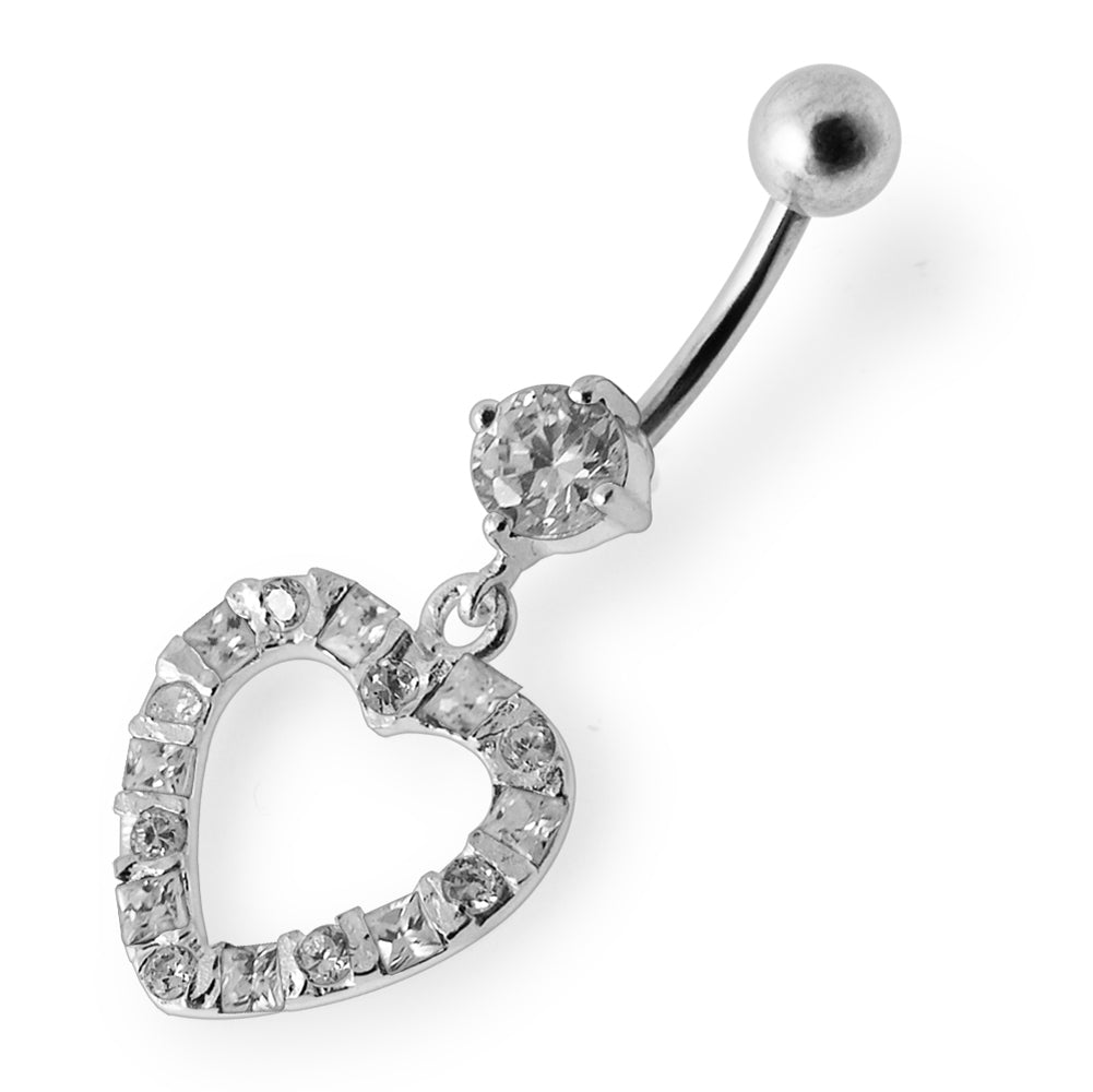 Jeweled Heart Silver Dangling SS Curved Banana Navel Ring