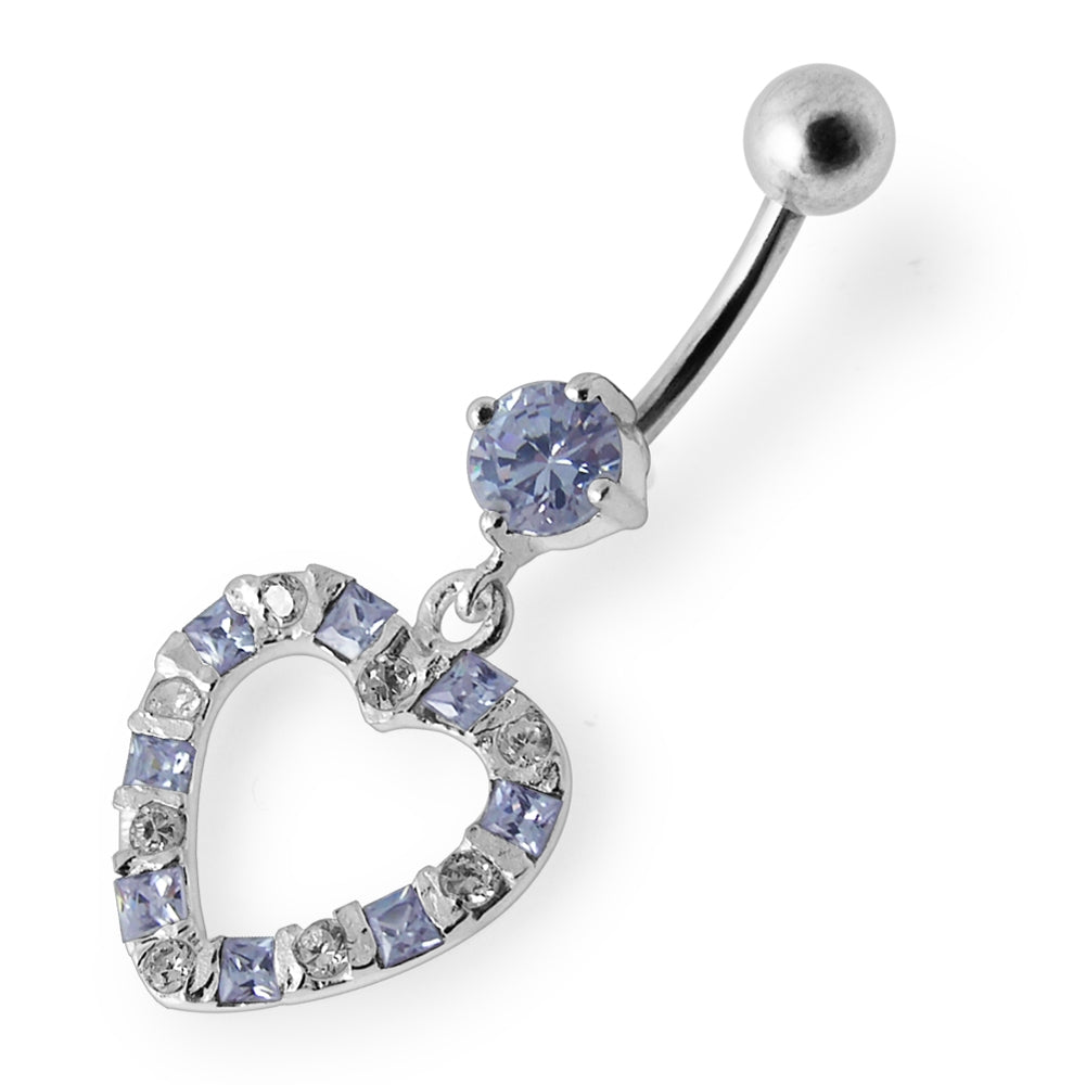 Jeweled Heart Silver Dangling SS Curved Banana Navel Ring