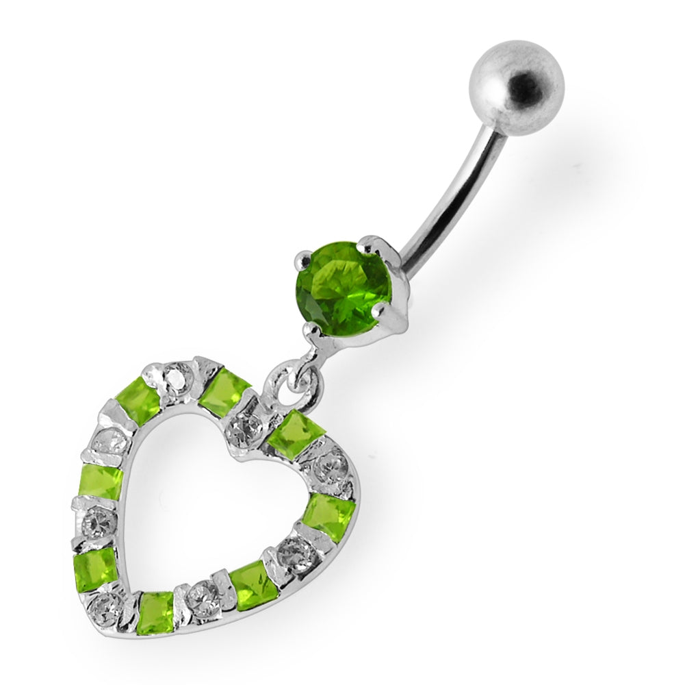 Jeweled Heart Silver Dangling SS Curved Banana Navel Ring