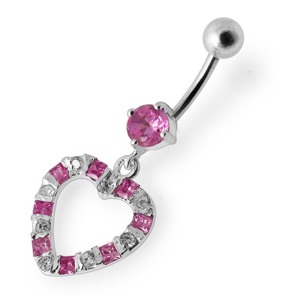 Jeweled Heart Silver Dangling SS Curved Banana Navel Ring