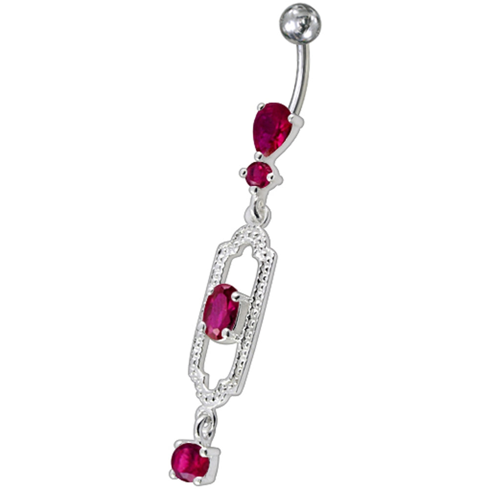 Fancy centered Red Single Stone Jeweled Dangling Curved Bar Navel Ring