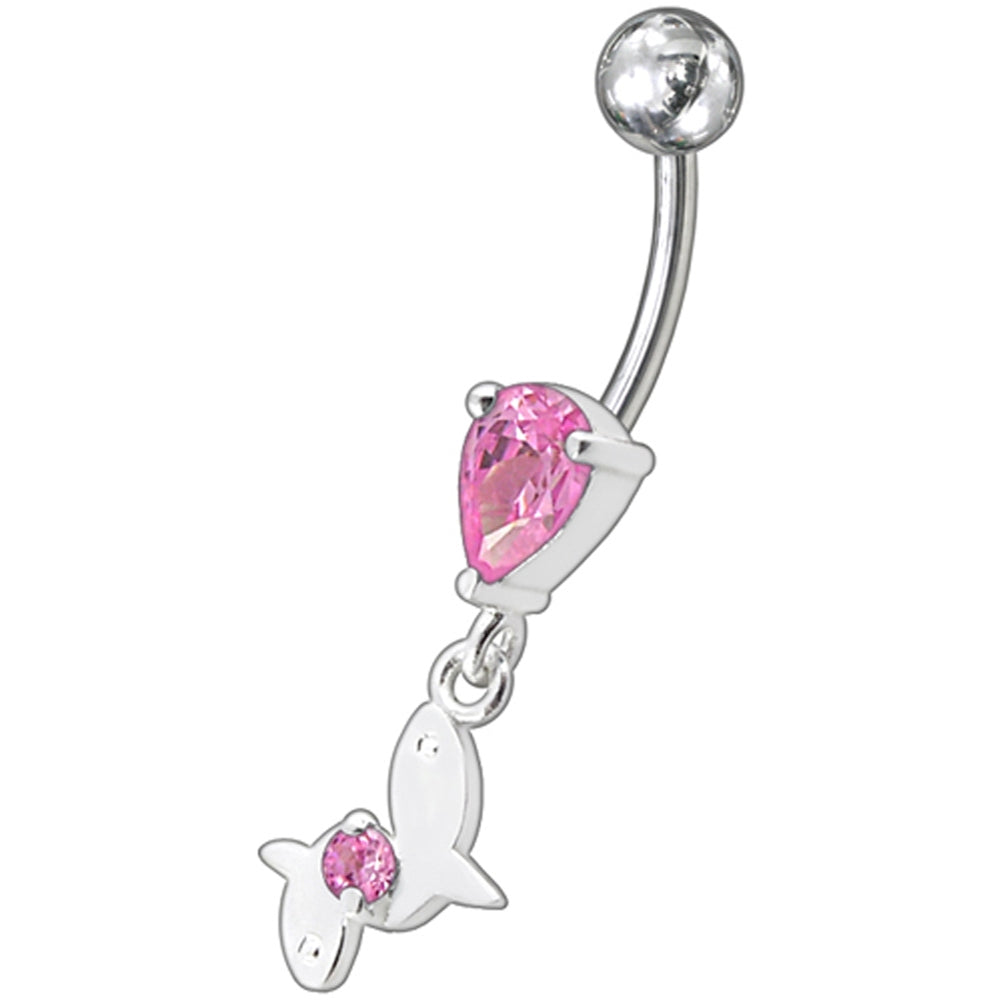 Fancy Pink Jeweled Moving Rabbit Dangling Navel Body Jewelry Ring