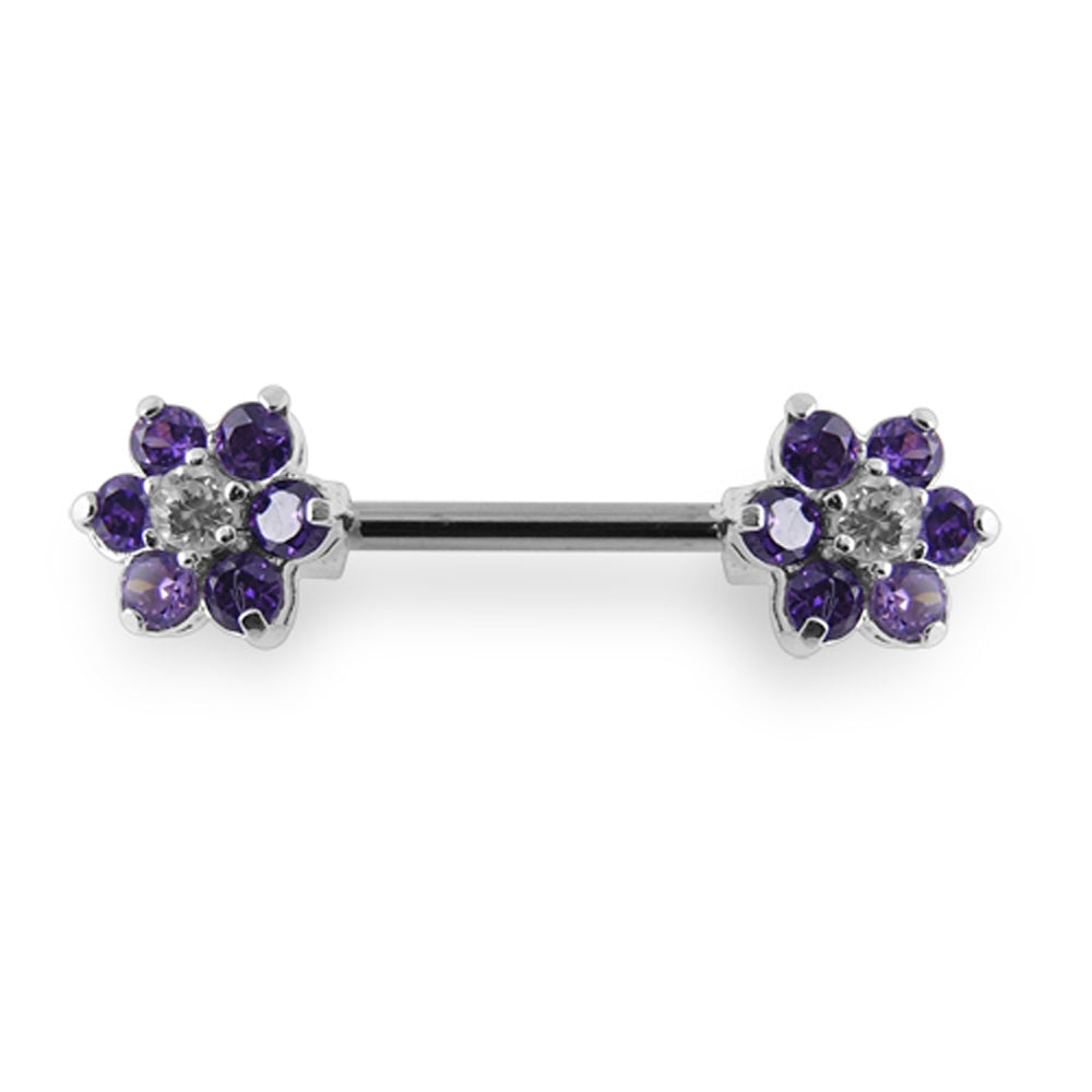 Jeweled Flower Silver Nipple Bar