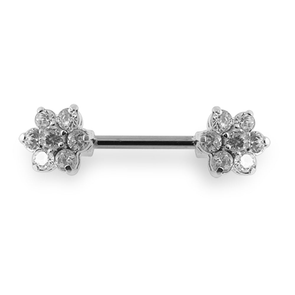 Jeweled Flower Silver Nipple Bar