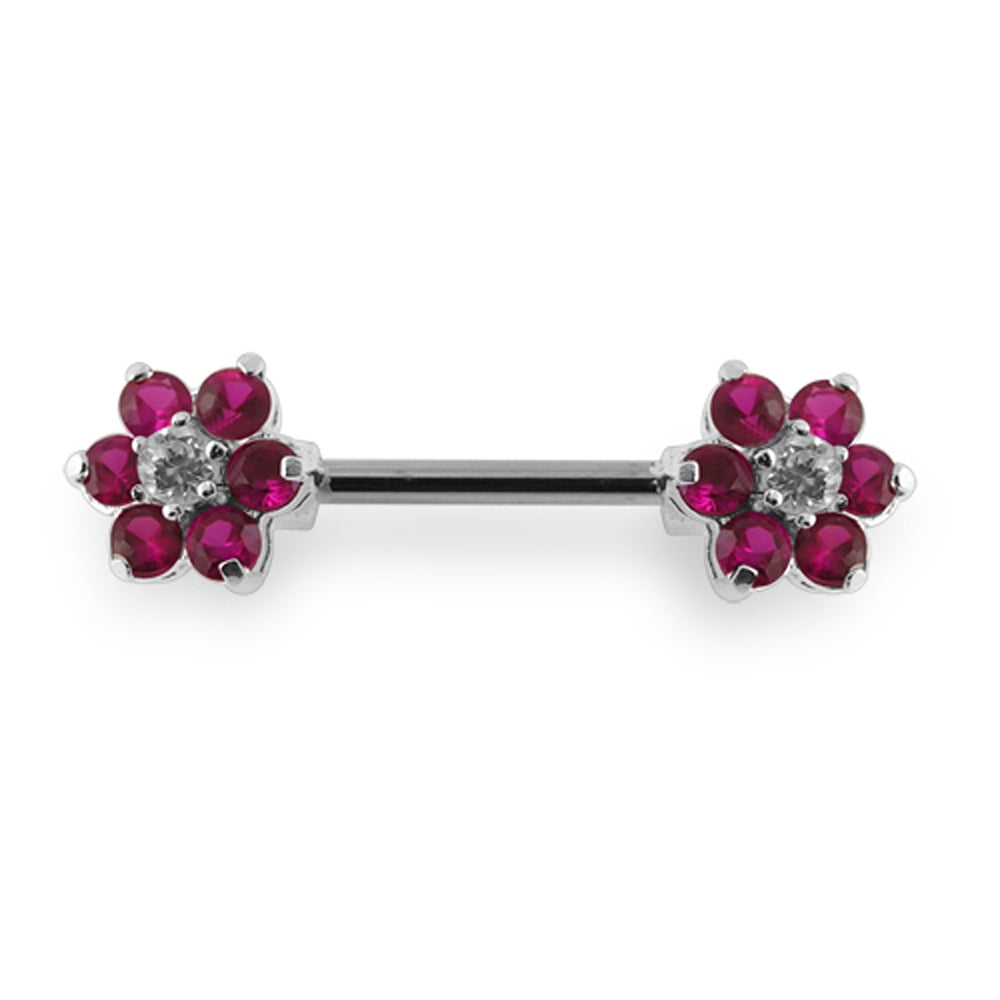 Jeweled Flower Silver Nipple Bar