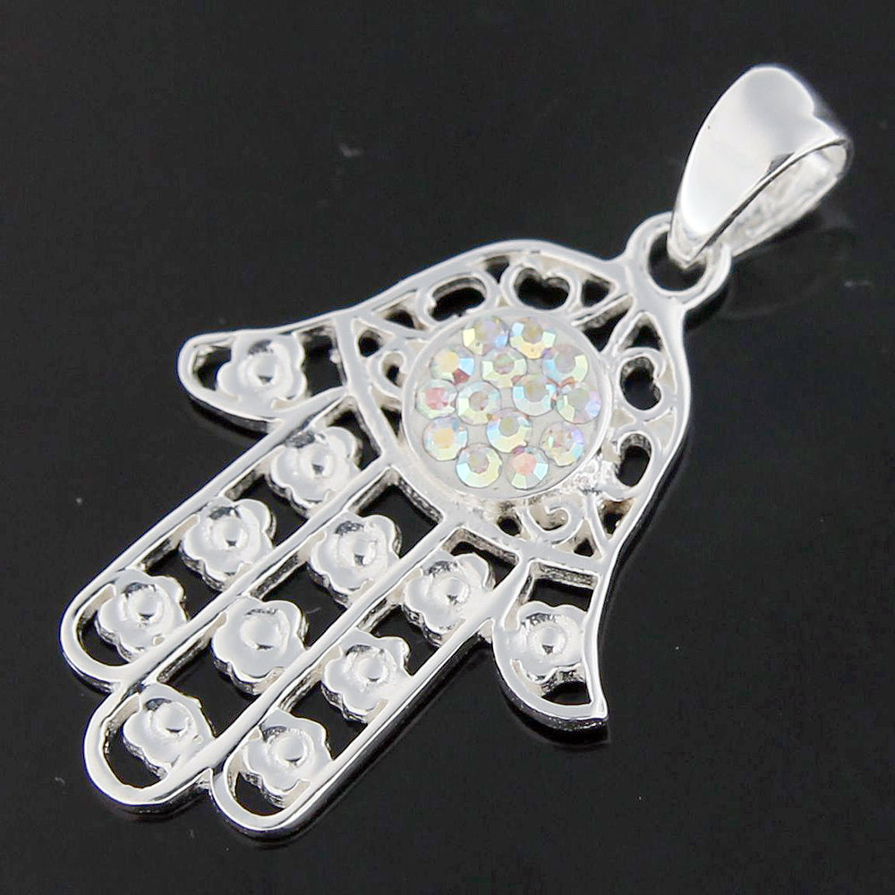 Jeweled Fatima Hand with Flowers 925 Sterling Silver Pendant