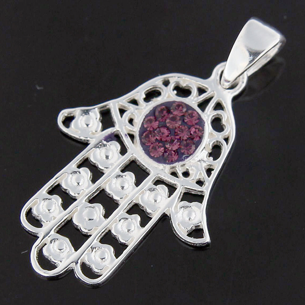 Jeweled Fatima Hand with Flowers 925 Sterling Silver Pendant