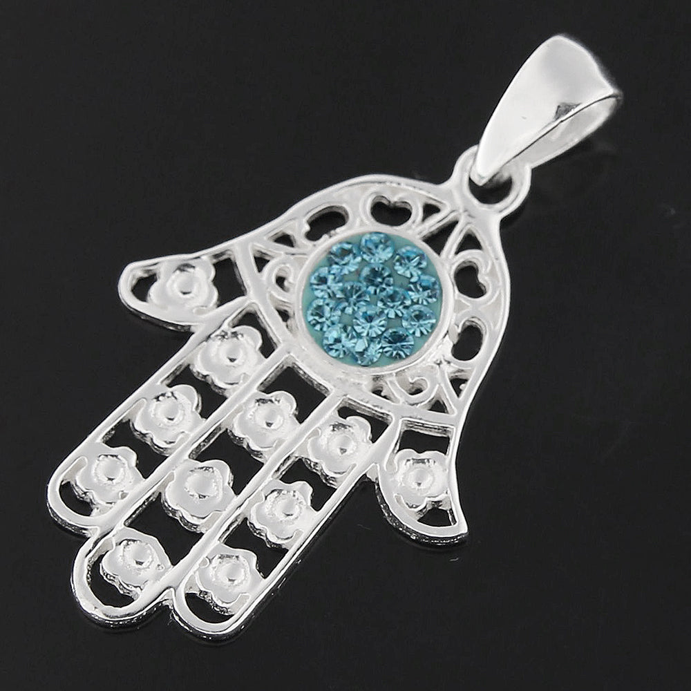 Jeweled Fatima Hand with Flowers 925 Sterling Silver Pendant