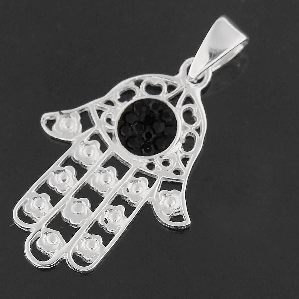 Jeweled Fatima Hand with Flowers 925 Sterling Silver Pendant